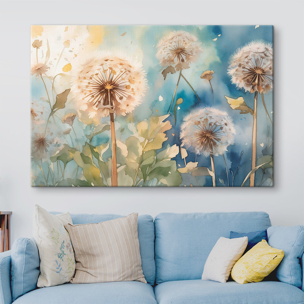 A watercolor painting of dandelions