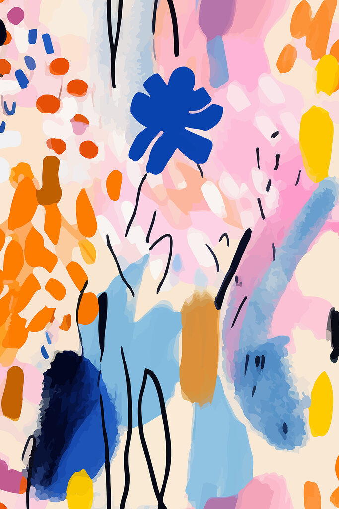 A colorful painting of flowers and leaves A colorful painting of flowers and leaves