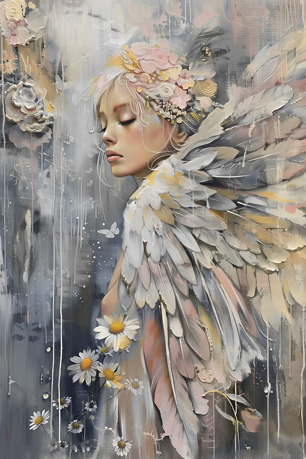 A painting of a woman with wings and flowers