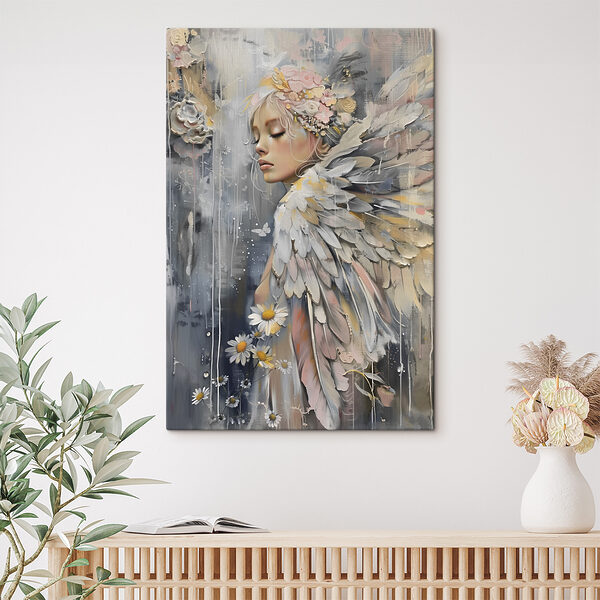 A painting of a woman with wings and flowers
