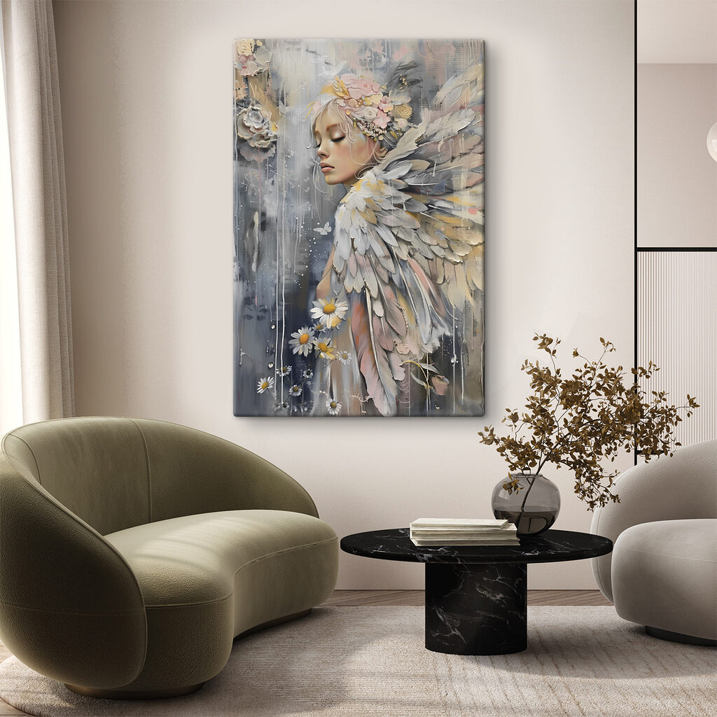 A painting of a woman with wings and flowers