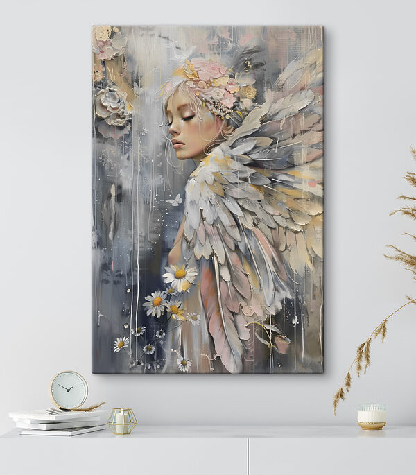 A painting of a woman with wings and flowers