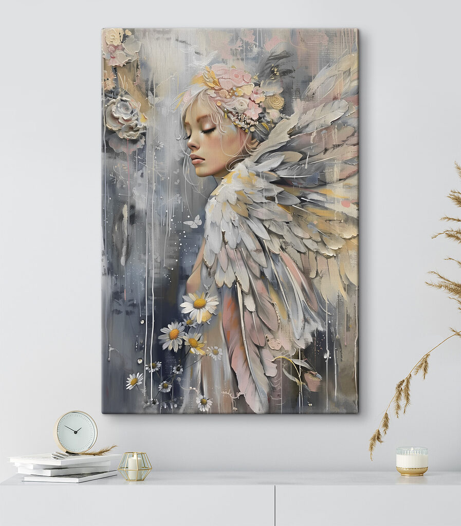 A painting of a woman with wings and flowers