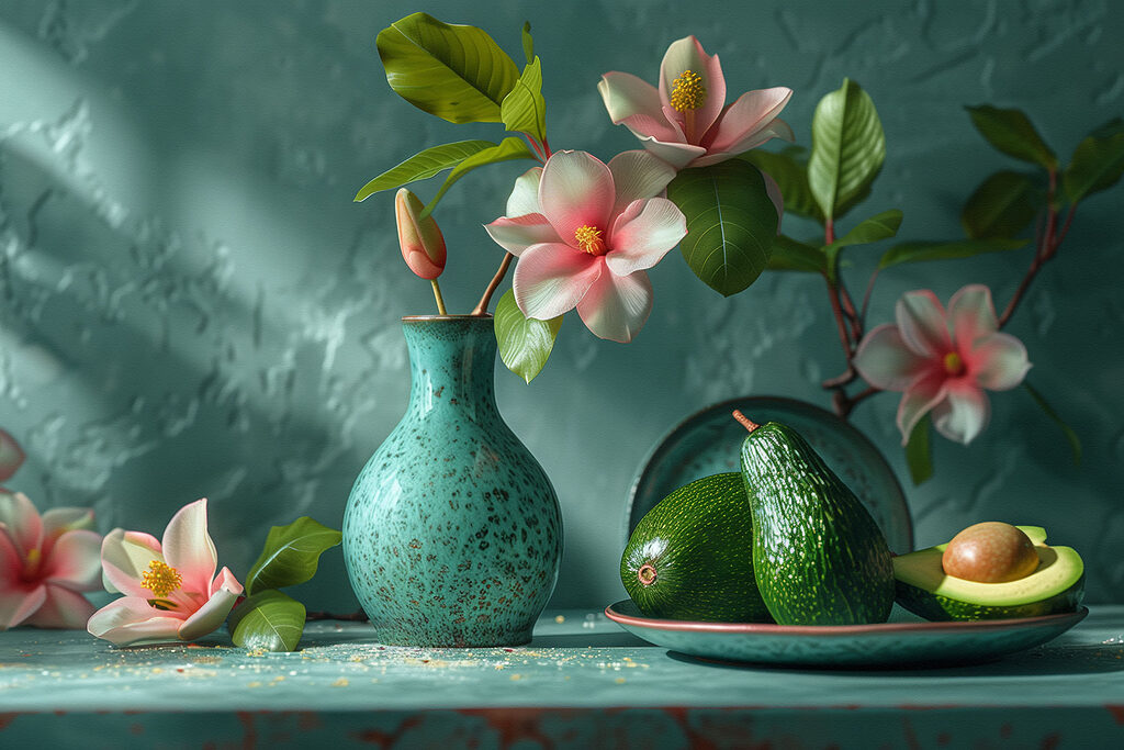 A vase with flowers in it and avocados on a plate