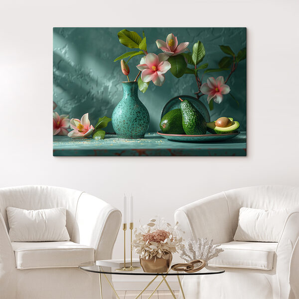 A vase with flowers in it and avocados on a plate