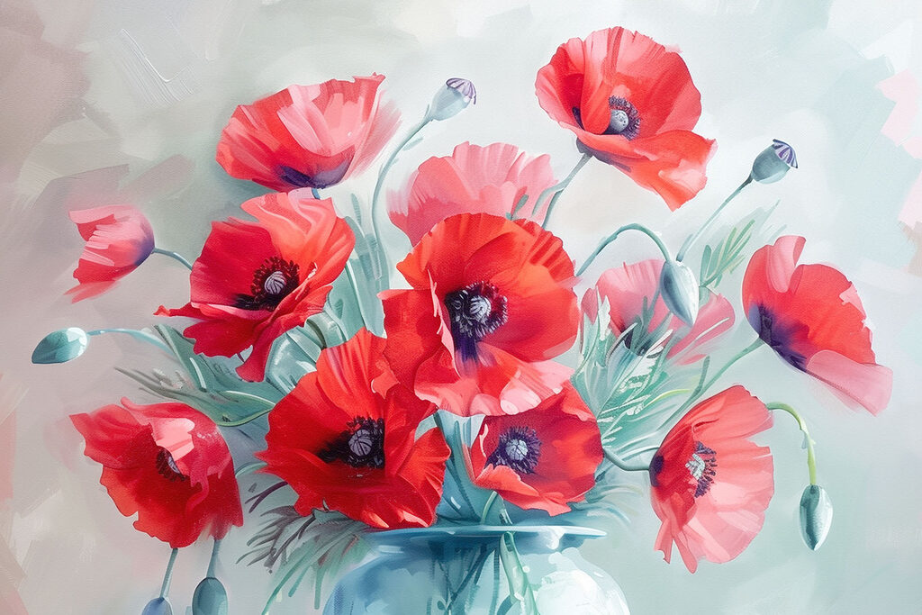 A painting of red flowers in a vase A painting of red flowers in a vase