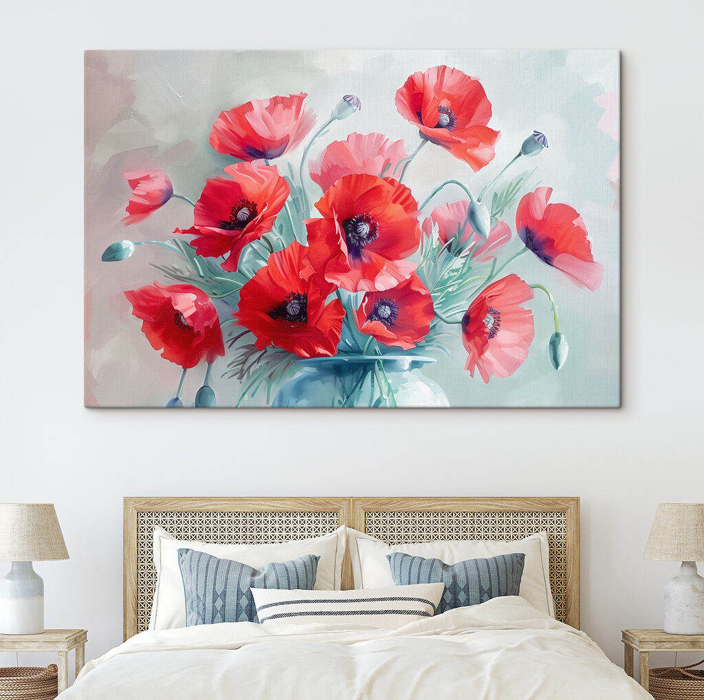 A painting of red flowers in a vase A painting of red flowers in a vase