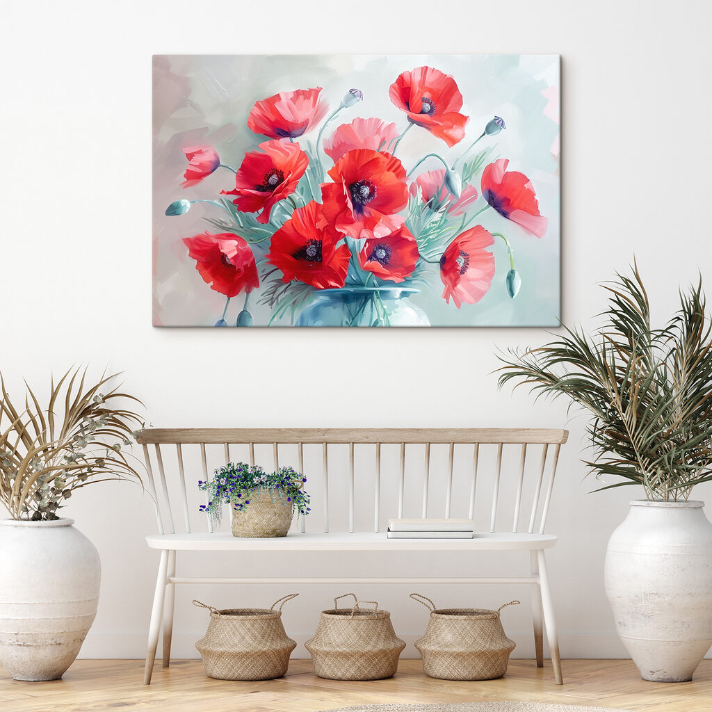 A painting of red flowers in a vase A painting of red flowers in a vase