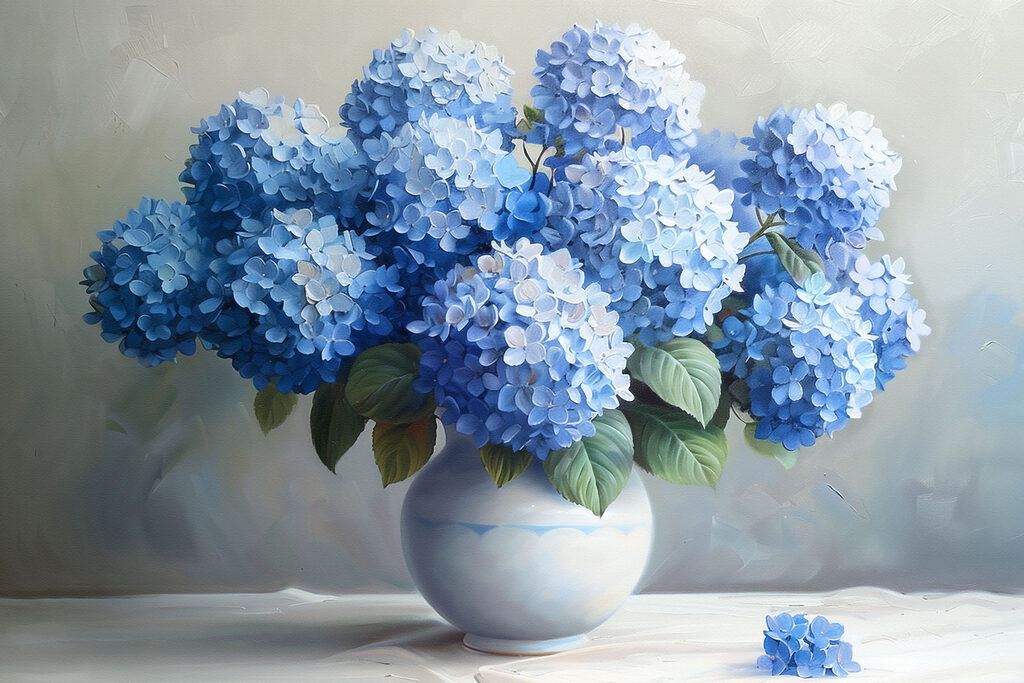 A painting of blue flowers in a vase A painting of blue flowers in a vase