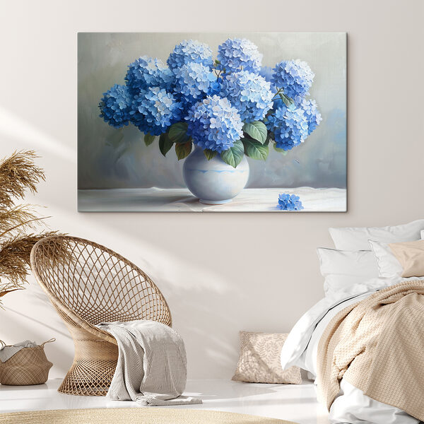A painting of blue flowers in a vase A painting of blue flowers in a vase