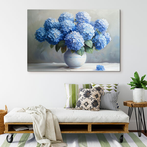 A painting of blue flowers in a vase A painting of blue flowers in a vase