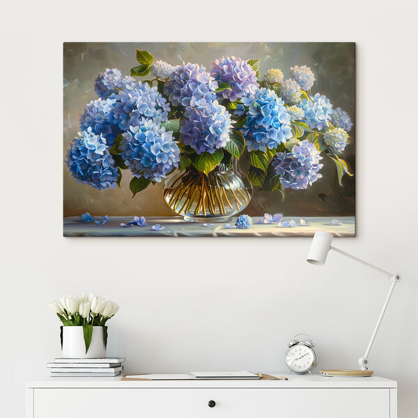 A painting of blue flowers in a glass vase A painting of blue flowers in a glass vase