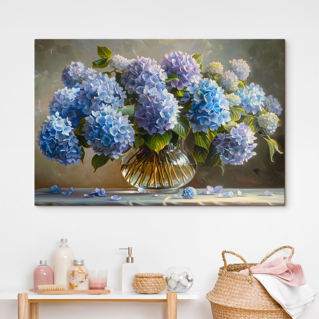 A painting of blue flowers in a glass vase A painting of blue flowers in a glass vase