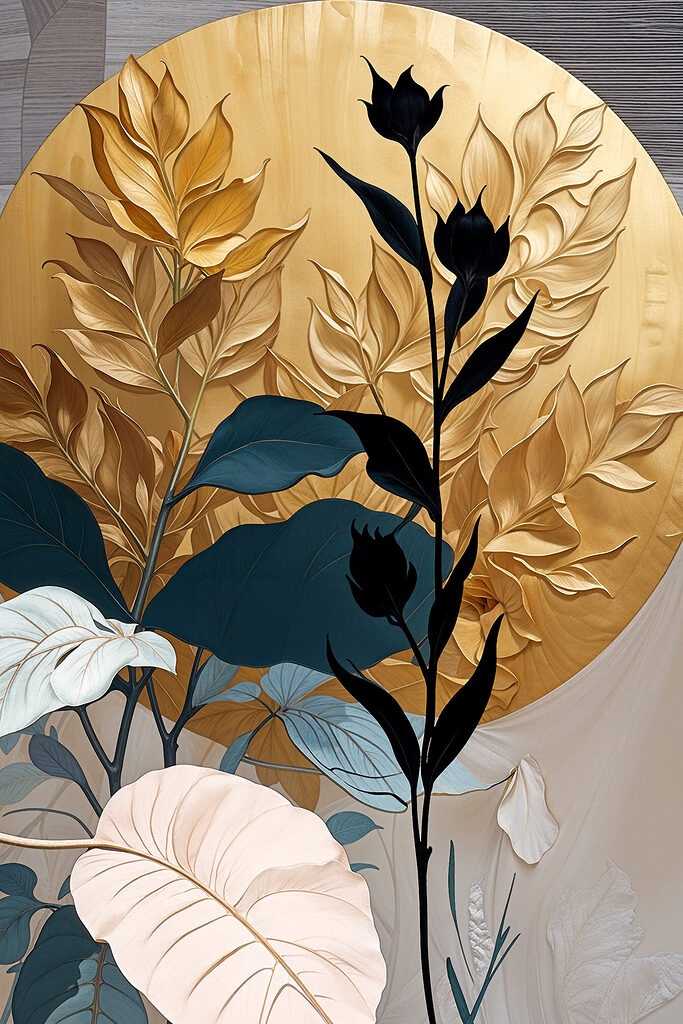 A painting of a plant with leaves and flowers A painting of a plant with leaves and flowers