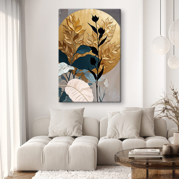 A painting of a plant with leaves and flowers A painting of a plant with leaves and flowers
