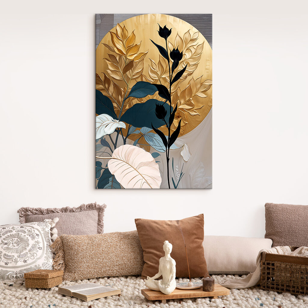 A painting of a plant with leaves and flowers A painting of a plant with leaves and flowers