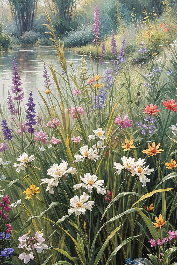 A painting of flowers by a river