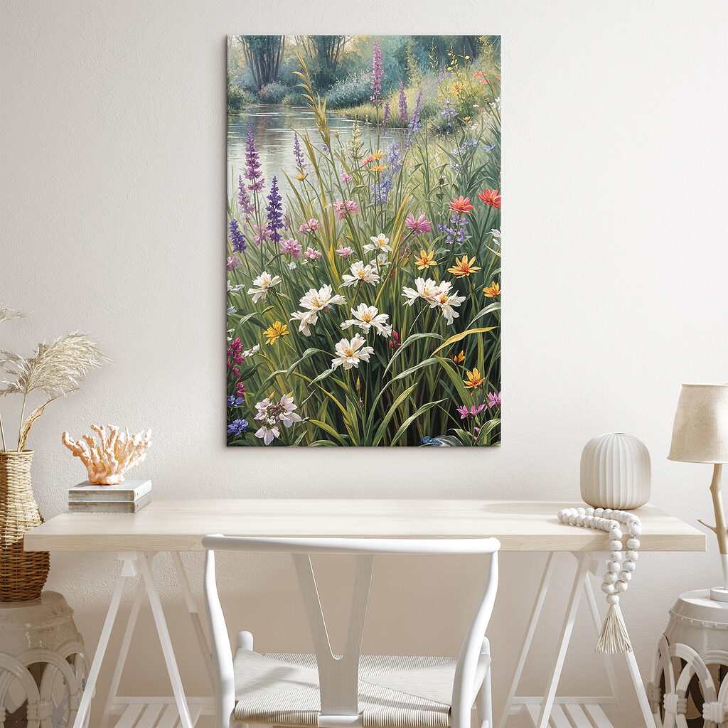 A painting of flowers by a river