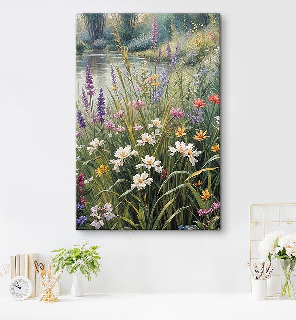 A painting of flowers by a river