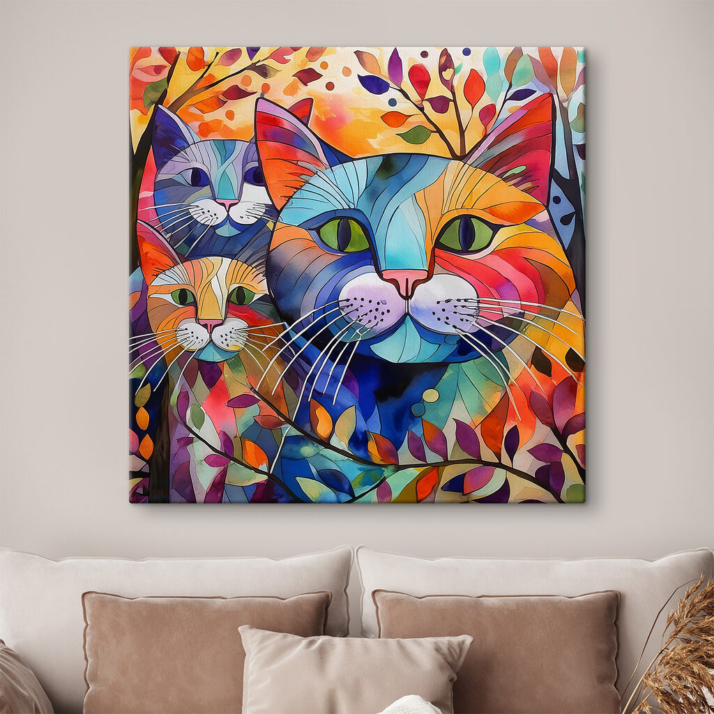 A group of cats with colorful leaves A group of cats with colorful leaves