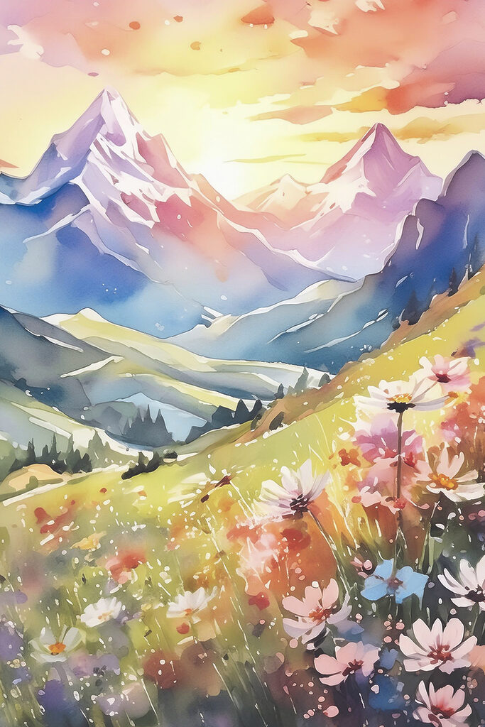 A painting of a mountain range
