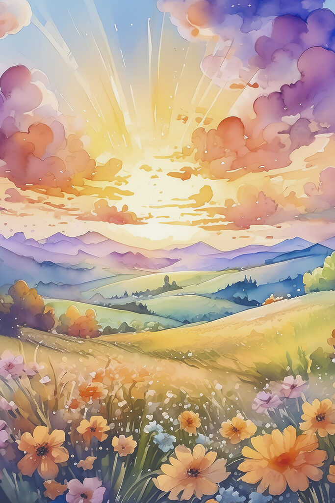 A painting of a landscape with mountains and flowers A painting of a landscape with mountains and flowers