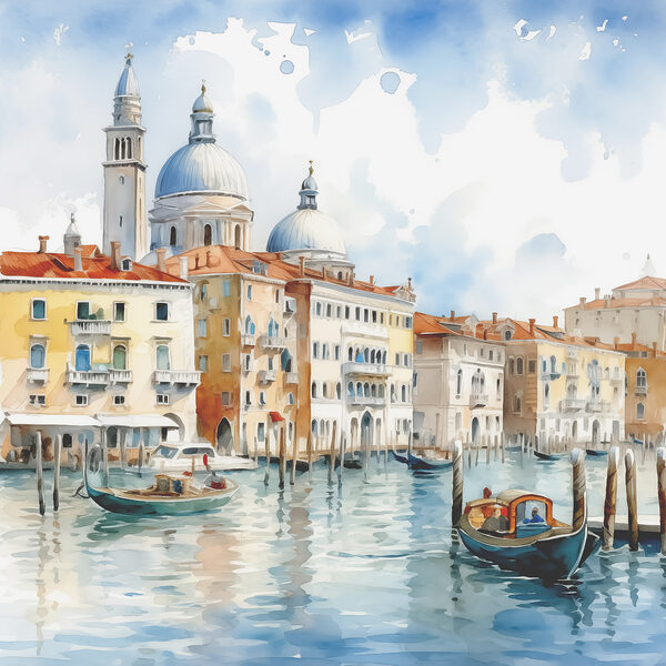 Watercolor of Grand Canal with boats and buildings Watercolor of Grand Canal with boats and buildings