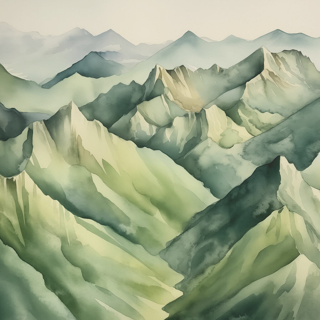 A painting of mountains with fog