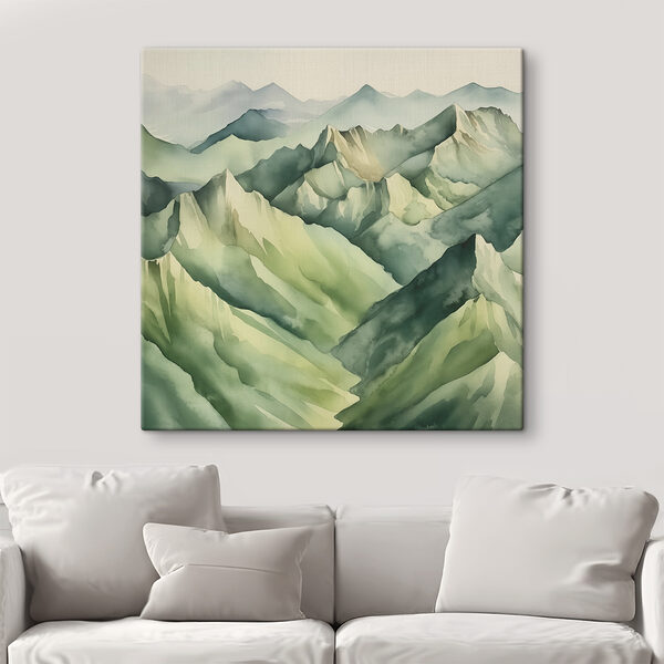 A painting of mountains with fog