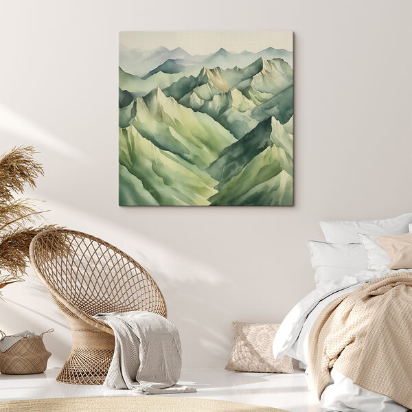 A painting of mountains with fog