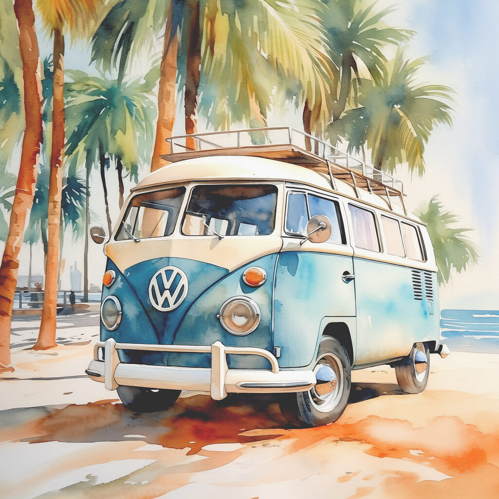 A watercolor of a van parked on a beach