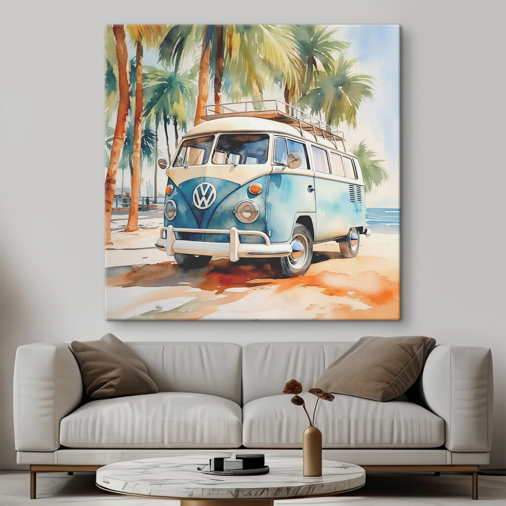 A watercolor of a van parked on a beach