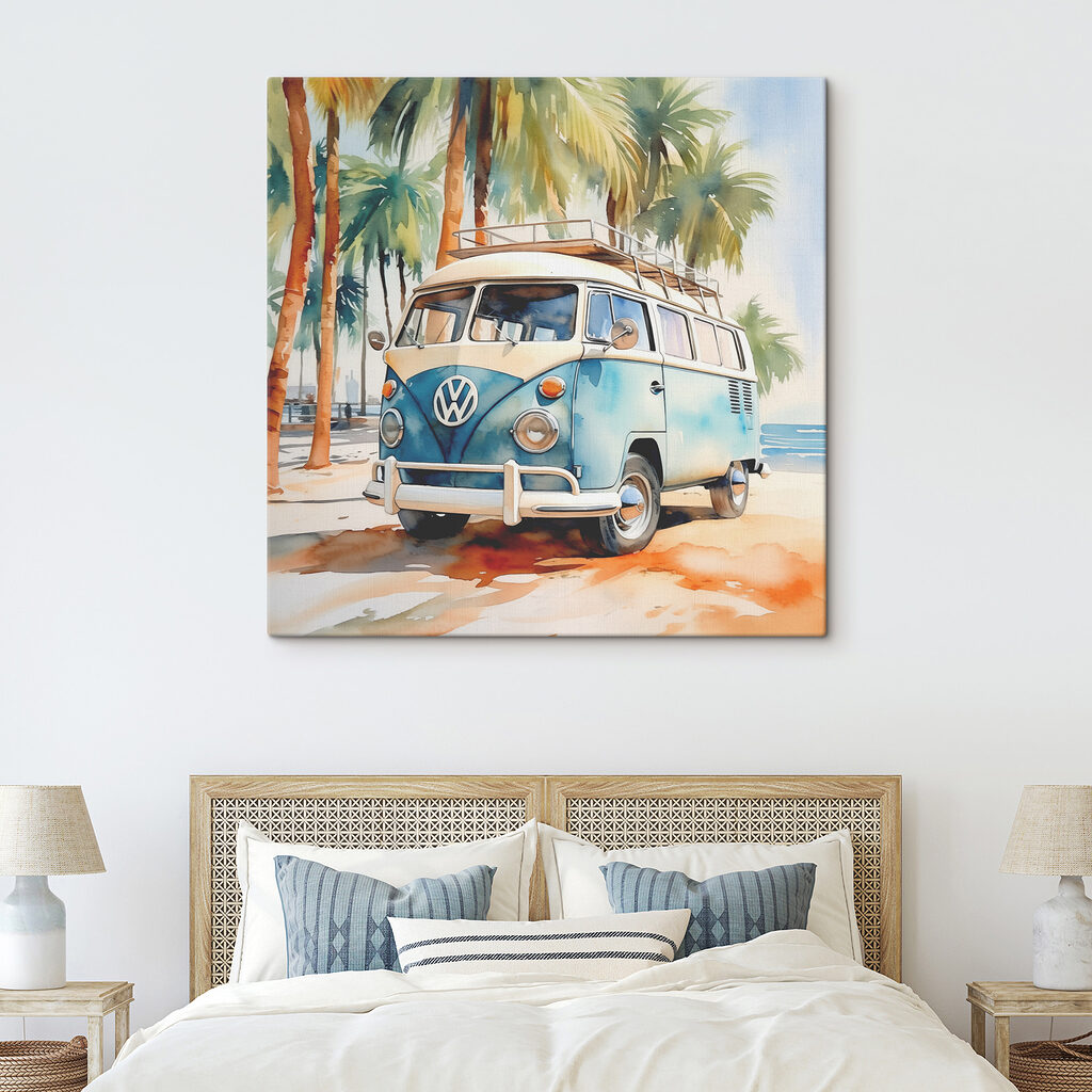 A watercolor of a van parked on a beach