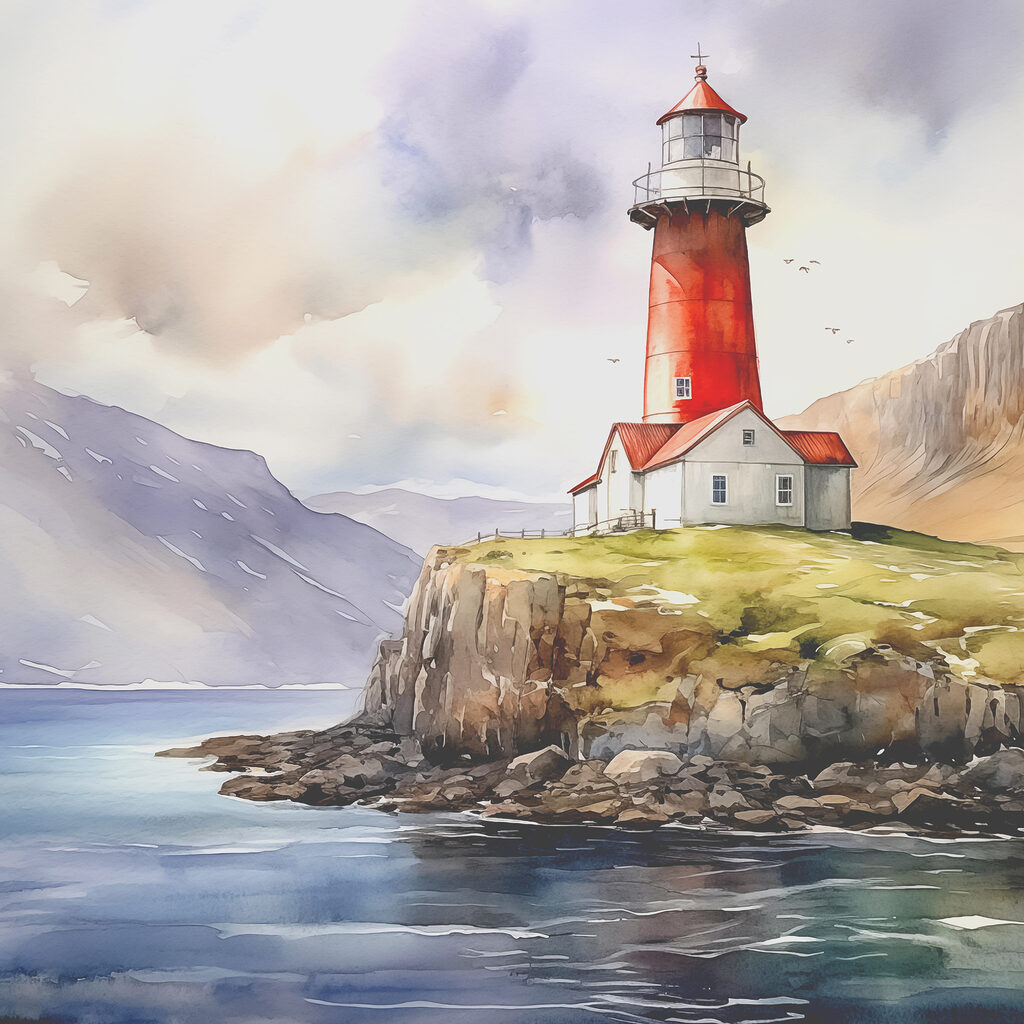 A watercolor painting of a lighthouse on a cliff