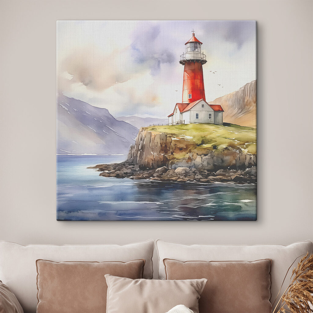 A watercolor painting of a lighthouse on a cliff