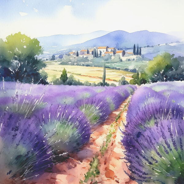 A watercolor painting of a field of lavender