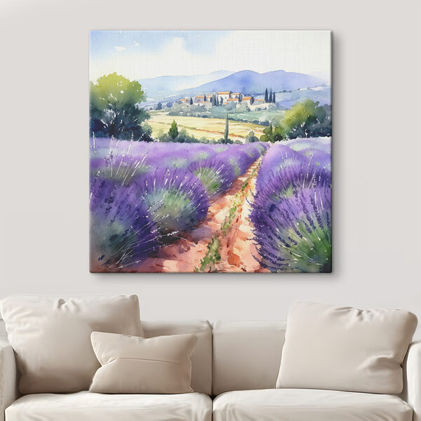 A watercolor painting of a field of lavender