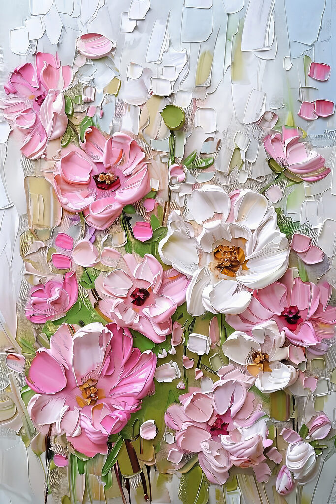 A painting of flowers on a white surface A painting of flowers on a white surface