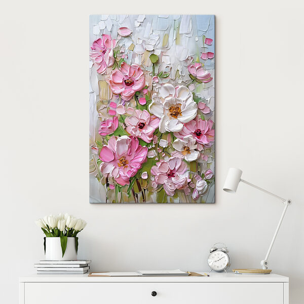 A painting of flowers on a white surface A painting of flowers on a white surface