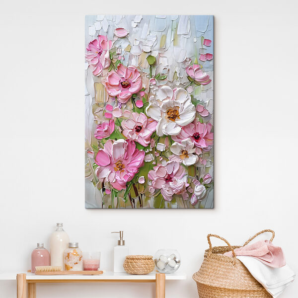 A painting of flowers on a white surface A painting of flowers on a white surface