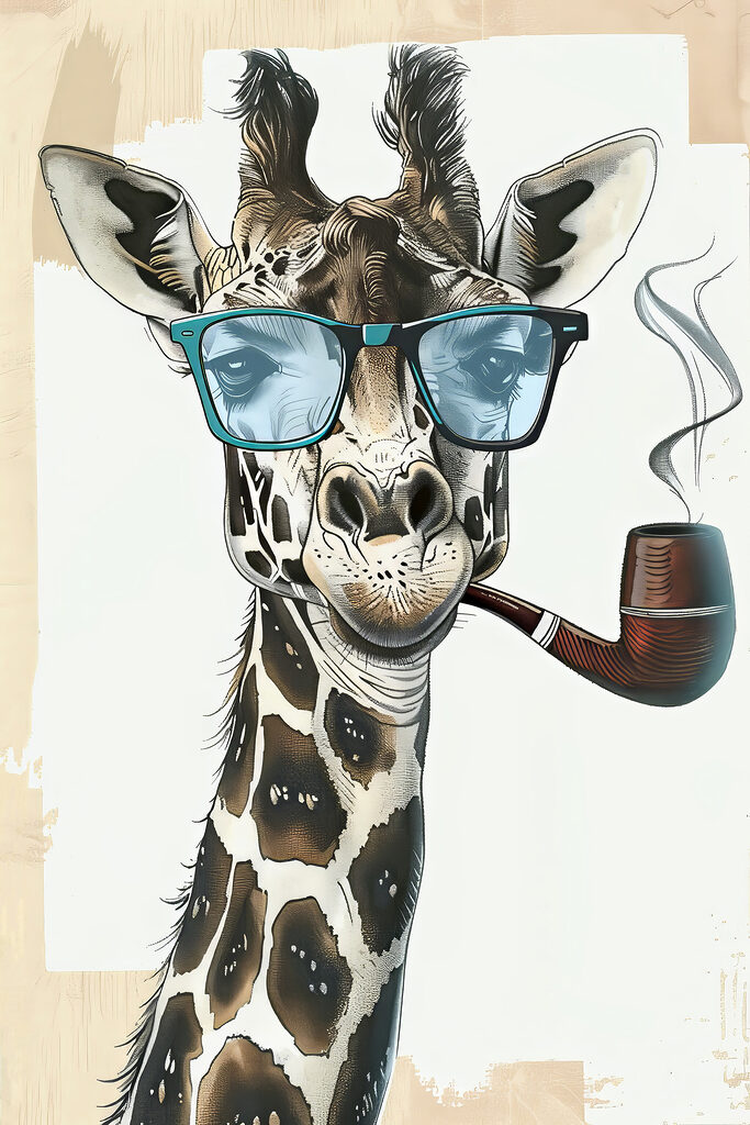 A giraffe wearing sunglasses and smoking pipe
