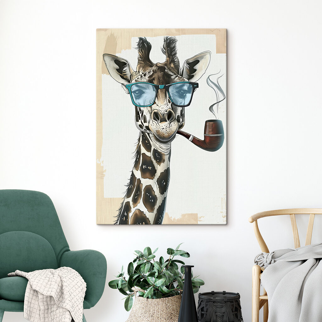 A giraffe wearing sunglasses and smoking pipe