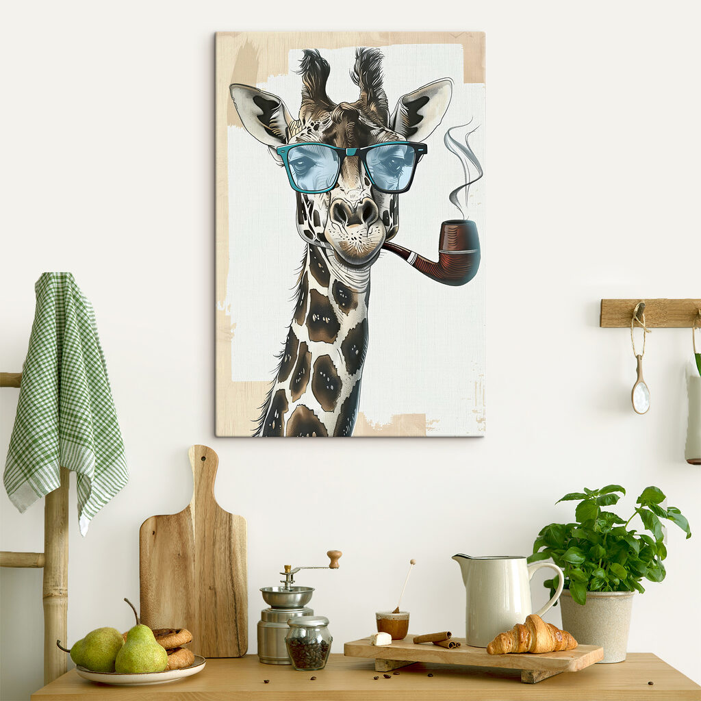 A giraffe wearing sunglasses and smoking pipe