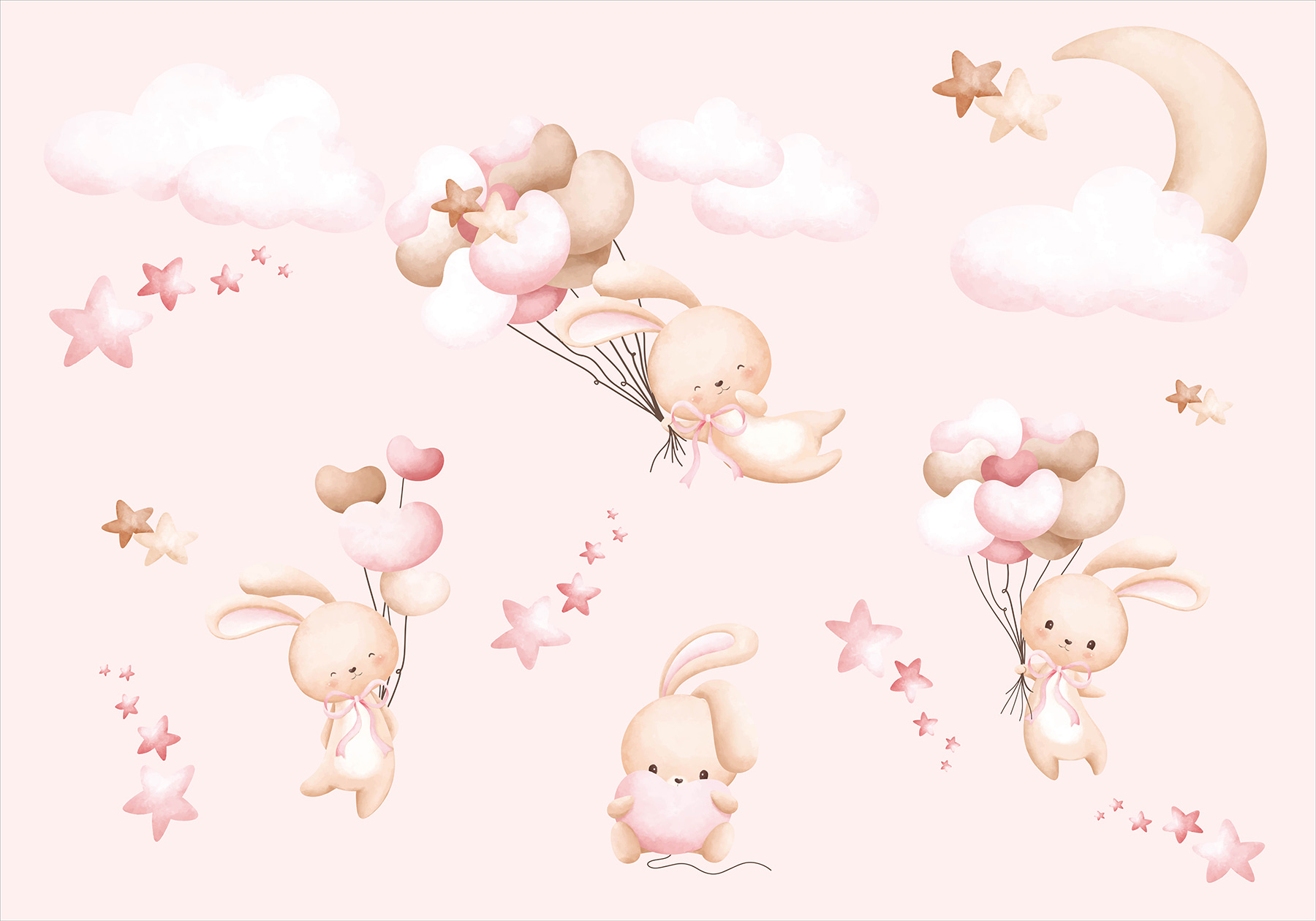 A group of cartoon bunnies holding balloons