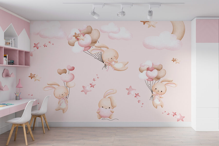 A group of cartoon bunnies holding balloons A group of cartoon bunnies holding balloons
