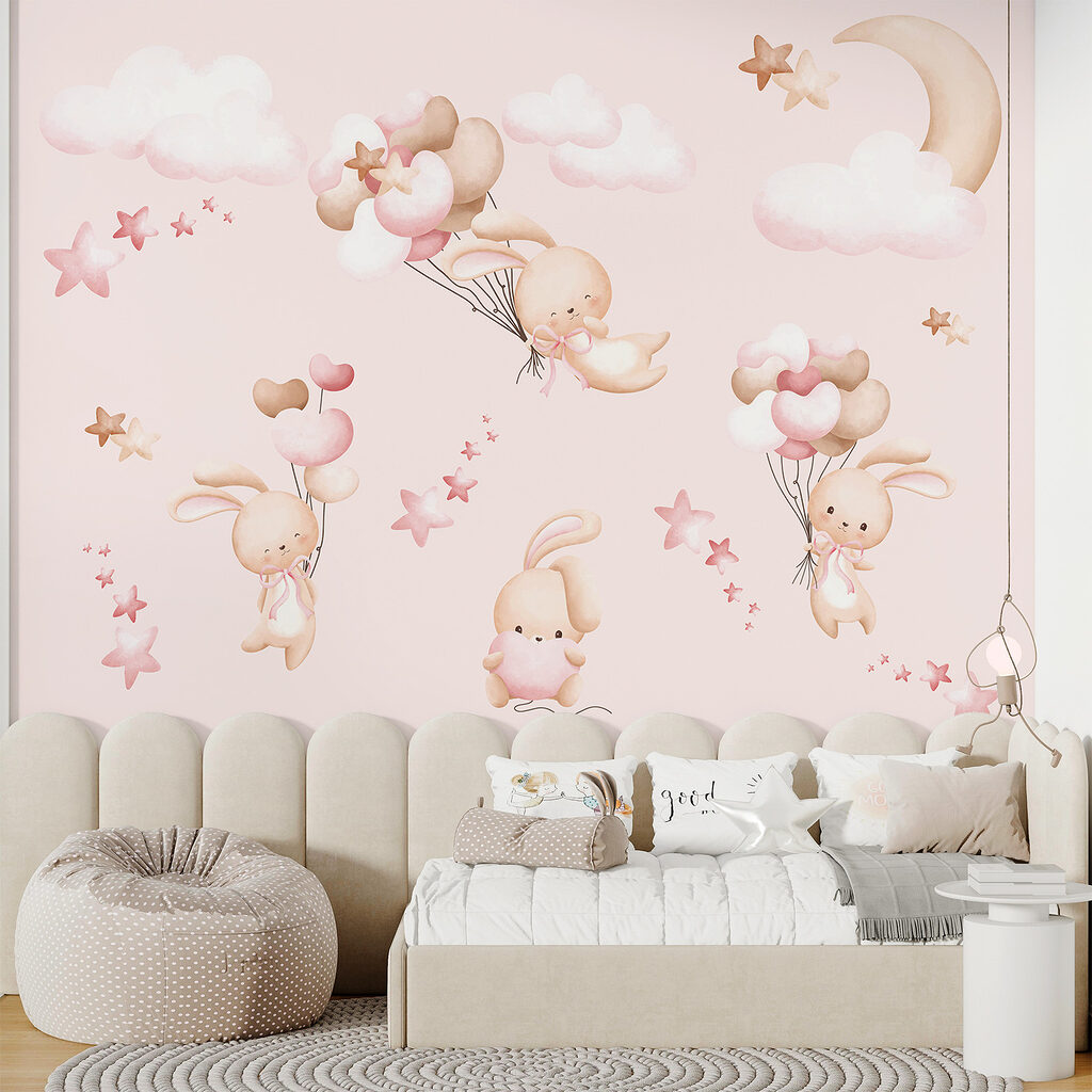 A group of cartoon bunnies holding balloons