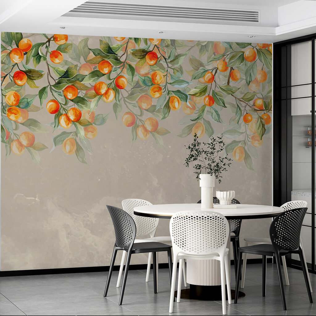 A painting of oranges on a tree