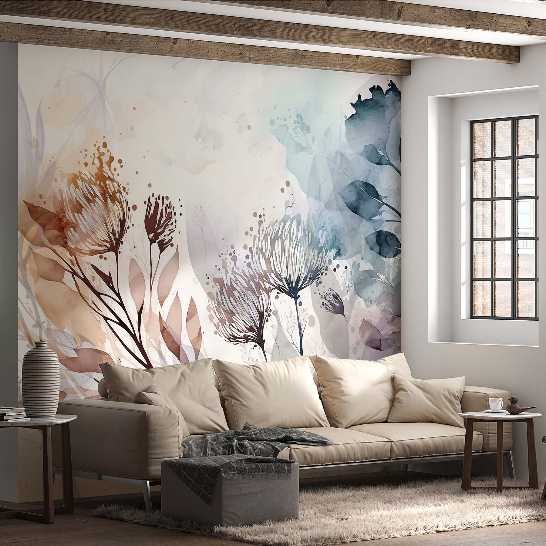 A watercolor painting of flowers and leaves