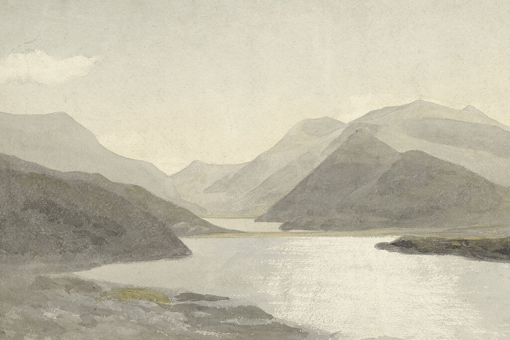 A watercolor of a lake and mountains A watercolor of a lake and mountains