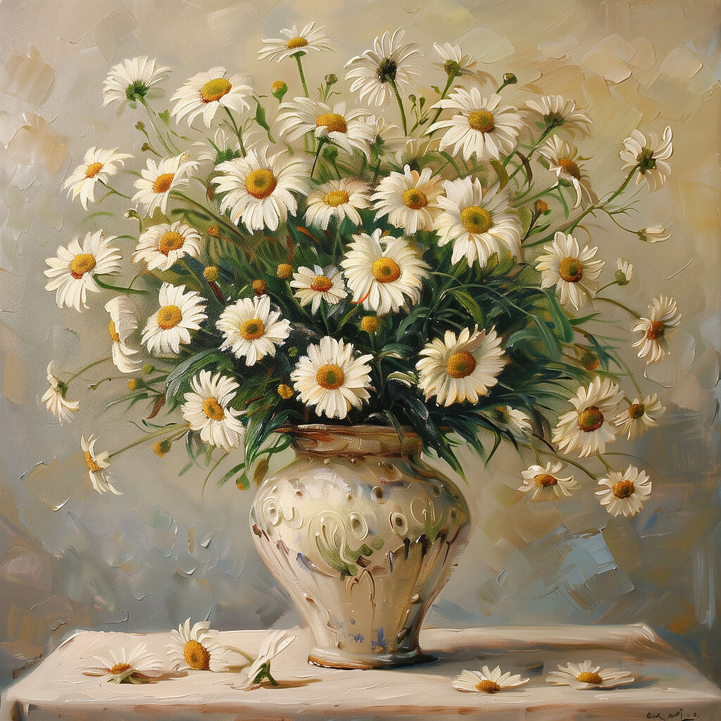 A painting of a vase of daisies